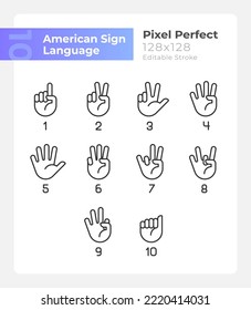 Dígitos en el lenguaje de signos americano píxel perfecto juego de iconos lineales. Símbolos de línea delgada personalizables. Ilustraciones aisladas del contorno vectorial. Trazo editable. Montserrat Negrita, fuentes ligeras usadas