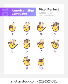 Digits in American sign language pixel perfect RGB color icons set. Isolated vector illustrations. Simple filled line drawings collection. Editable stroke. Montserrat Bold, Light fonts used