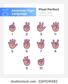 Digits in American sign language pixel perfect RGB color icons set. Isolated vector illustrations. Simple filled line drawings collection. Editable stroke. Montserrat Bold, Light fonts used