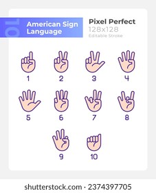 Digits in American sign language pixel perfect RGB color icons set. Isolated vector illustrations. Simple filled line drawings collection. Editable stroke. Montserrat Bold, Light fonts used