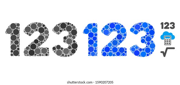 Digits composition of filled circles in variable sizes and shades, based on digits icon. Vector filled circles are combined into blue collage. Dotted digits icon in usual and blue versions.