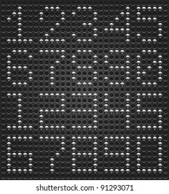 Digits digital font. Metal buttons on black dotted perforated texture background. Easy and quick editing. This file saved in a format 10 eps and contains graphic styles