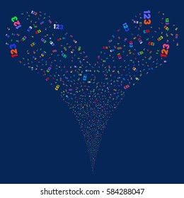 Digits fireworks stream. Vector illustration style is flat bright multicolored iconic symbols on a blue background. Object double fountain constructed from random symbols.