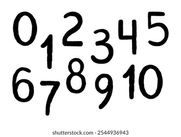 Digits numbers in hand drawn doodle style isolated on white background. Number 0 to 10. Vector illustration