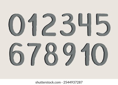 Digits numbers in hand drawn doodle style with shadow. Number 0 to 10. Vector illustration