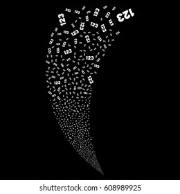 Digits random fireworks stream. Vector illustration style is flat white iconic symbols on a black background. Object fountain combined from scattered design elements.