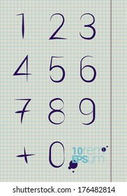 Digits set. Copybook sheet with blotch. Vector illustration.