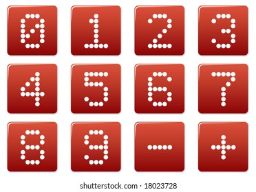 Digits square icons set. Red - white palette. Vector illustration.