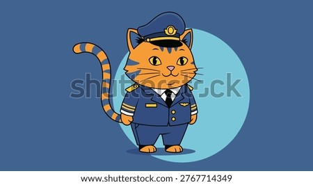 Dignified cartoon cat wearing a blue pilot uniform and hat stands proudly against a simple circular background.