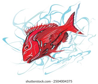 Dignified deep red sea bream fish with Kabuki makeup (Japanese-style illustration with a water splash pattern in the background)