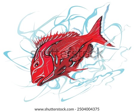Dignified deep red sea bream fish with Kabuki makeup (Japanese-style illustration with a water splash pattern in the background)