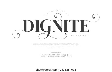 Dignite typography beauty fashion elegant minimalist serif italic fonts decorative wedding vintage retro logos. Minimal luxury font alphabet logo. Vector illustration