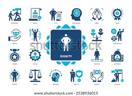 Dignity icon set. Respect, Status, Psychology, Rank, Authority, Motivation, Leadership, Rights. Duotone color solid icons