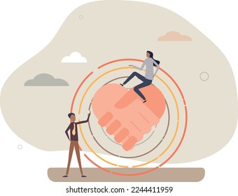 Dignity relationship with honor and respect.Partnership esteem, support and care scene with heart shape handshake