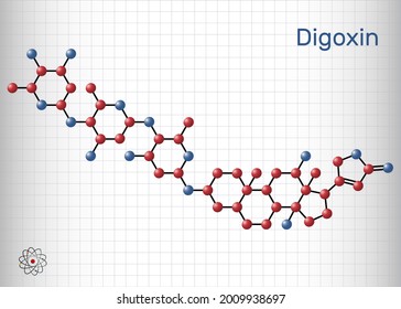 Digoxin, molecule. It is cardiac glycoside, cardiovascular medication, used to manage atrial fibrillation and symptoms of heart failure. Sheet of paper in a cage. Vector illustration