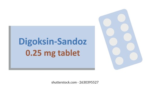 Digoxin Sandoz 0.25 mg tablet medicine and medicine box vector illustration. Pill for regulating heart rhythm. Digoxin slows down the heartbeat, increases the force of contraction of the heart muscle.