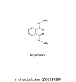Dihydralazine flat skeletal molecular structure vasodilator drug used in hypertension treatment. Vector illustration scientific diagram.