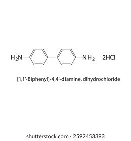 [1,1’-Biphenyl]-4,4’-diamine, dihydrochloride skeletal structure.Diamine compound schematic illustration. Simple diagram, chemical formula.