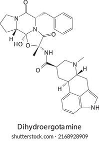 Dihydroergotamine molecule flat skeletal structure, Ergot class drug used to treat migraine. Vector illustration.