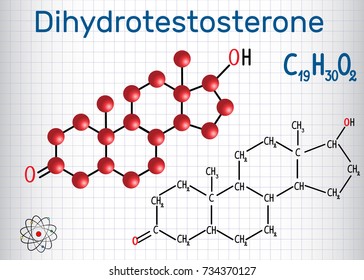 Dihidrotestosterona DHT (androstanolona, hormona sexual androgénica endógena) - fórmula química estructural y modelo molécula. Hoja de papel en una jaula. Ilustración del vector 