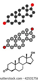 Dihydrotestosterone (DHT, androstanolone, stanolone) hormone molecule. Stylized 2D renderings and conventional skeletal formula.