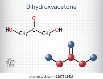 Dihydroxyacetone, DHA, glycerone molecule. It is saccharide, triose, sunscreening agent, component of self-tanning creams. Structural formula, molecule model. Sheet of paper cage. Vector illustration