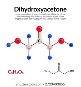 Dihydroxyaceton, einfaches Saccharid, Molekularstruktur-Formel, Ball-and-Stick-Modell, geeignet für Bildung oder Chemie wissenschaftlichen Inhalt. Vektorgrafik