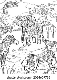 Diiferent Animals Beside Lake Lion Zebra Kangaroo Giraffe Elephant Colorless Line Drawing. Multiple Wild Creatures Relaxing On The Fields Chameleon Big Cats Horse Coloring Book Page.