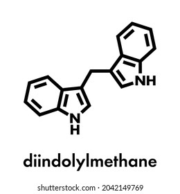 Diindolylmethane (3,3'-DIM, DIM) molecule. Derivative of indole-3-carbinol, found in broccoli, cabbage, kale, etc. May have cancer preventive or anticancer effects. Skeletal formula.