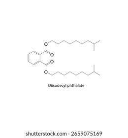 Skelettstruktur von Diisodecylphthalat. Phthalat-Ester-Verbindung schematische Darstellung. Einfaches Diagramm, chemische Formel.