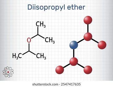 Diisopropylethermolekül. Strukturelle chemische Formel, Molekülmodell. Blatt Papier in einem Käfig. Vektorgrafik