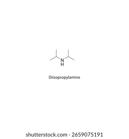 Estrutura esquelética de diisopropilamina. Ilustração esquemática do composto alquilamínico. Diagrama simples, fórmula química.