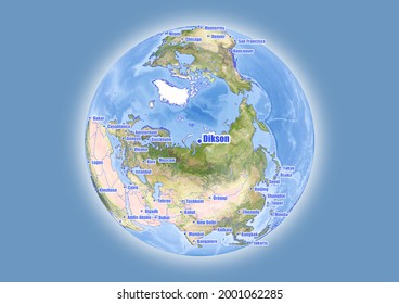 Dikson-Russia is shown on vector globe map. The map shows Dikson-Russia 's location in the world.