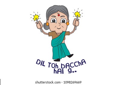 Dil Toh Baccha Hai G Hindi Text translation- Heart is child. Woman Cartoon with crackers On Hand. Vector Illustration. Isolated On White Background.