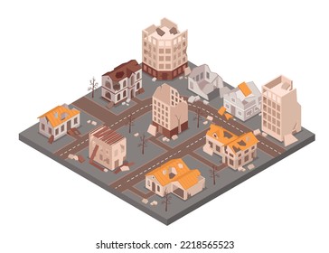 Dilapidated deserted city isometric composition with multi storey ruined buildings 3d vector illustration