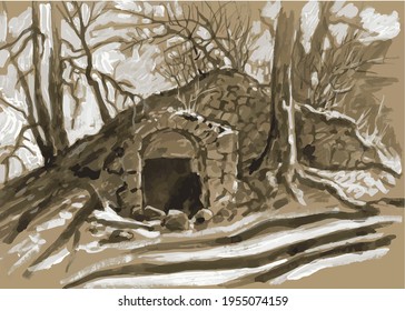 Dilapidated entrance to an old underground basement on a hill with trees. Watercolor sketch. Monochrome, grisaille, sepia.