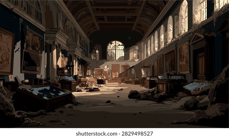 Dilapidated Museum Hall with Broken Windows and Debris