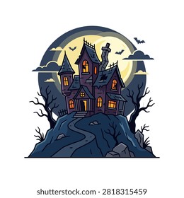 A dilapidated, spooky mansion with glowing windows and a crooked chimney sits atop a dark, rocky hill.