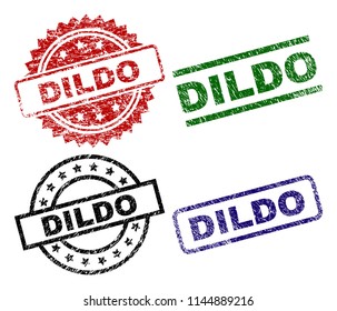 DILDO seal prints with corroded surface. Black, green,red,blue vector rubber prints of DILDO title with scratched surface. Rubber seals with circle, rectangle, rosette shapes.