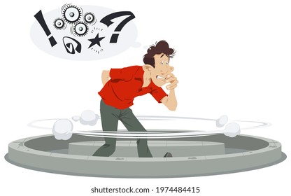 Dilemma of businessman. Manager tries to find solution. Confused man walk in circle. Illustration concept for mobile website and internet development.