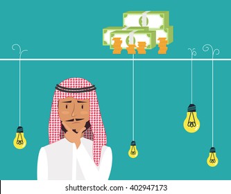Dilemma of businessman. Thinking arab man with idea bulbs. Eps 8