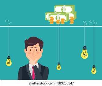 Dilemma of businessman. Thinking man with idea bulbs.Eps 8