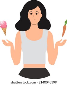 Dilemma compare concept vector illustration. Female thoughtful confused girl. Woman standing between icecream and carrot.