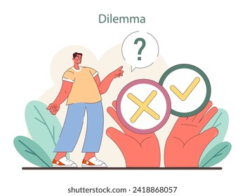 Dilemma concept. A person contemplates choices, illustrated by a yes-no decision symbol, pondering ethical actions. Flat vector illustration.