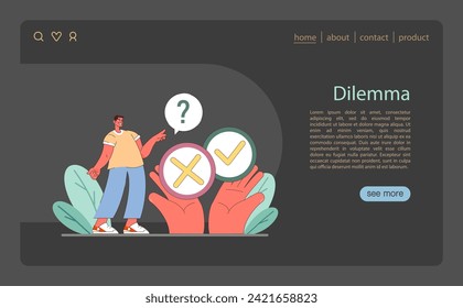 Dilemma concept. A person contemplates choices, illustrated by a yes-no decision symbol, pondering ethical actions. Flat vector illustration.