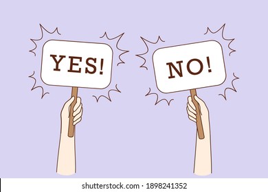 Dilemma, dispute, choice hesitation concept. Human hands holding Yes No banners meaning test question, opposition, choice, deciding process vector illustration