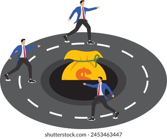 Dilemma of dollars, businessman running on a looping dead end road without getting money, business dilemma, business dead end svg
