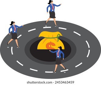Dilemma of dollars, businesswoman running on a looping dead end road without getting money, business dilemma, business dead end svg