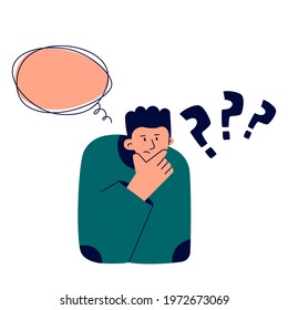 Dilemma and doubt concept. Thinking man, question mark and bubble of thoughts. Trend vector illustration isolated on white background.