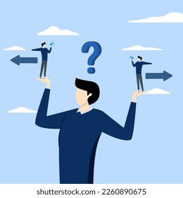 Dilemma or moral conflict, decision problem or question, choosing options, disagreement or argument for business direction, alternative or solution concept, confused businessman choosing direction.